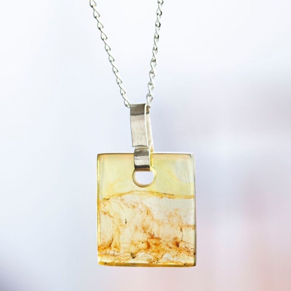 Square Amber Pendant Necklace from Mexico 'Simplicity Squared'