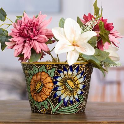 Alternate image for Handcrafted Talavera Ceramic Flower Pot in Green and Blue Flourishing Festival