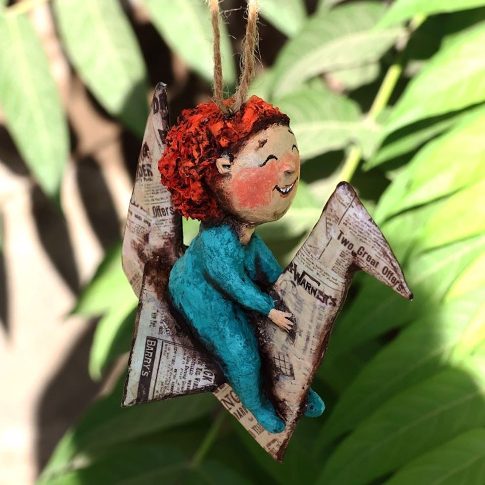 Hand-Painted Papier Mache Ornament of Child and Paper Crane 'Dreamy Childhood'