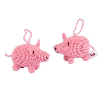 Alternate image for Pair of Pink Acrylic Pig Ornaments Crocheted by Hand Piggy Holidays