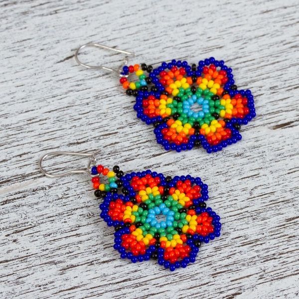 Alternate image for Glass Beaded Floral Dangle Earrings from Mexico Floral Colors
