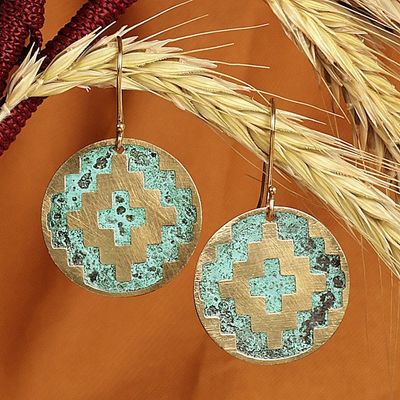 Alternate image for Geometric-Themed Brass Dangle Earrings with Antique Finish Armenian Geometry