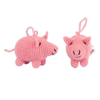 Alternate image for Pair of Pink Acrylic Pig Ornaments Crocheted by Hand Piggy Holidays