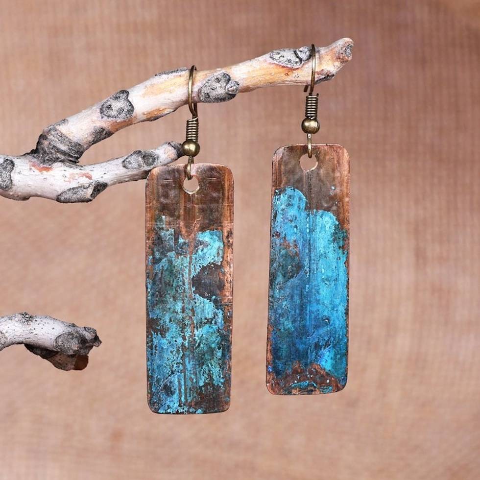Copper Dangle Earrings with Oxidized Finish and Brass Hooks 'Bohemian Aqua'