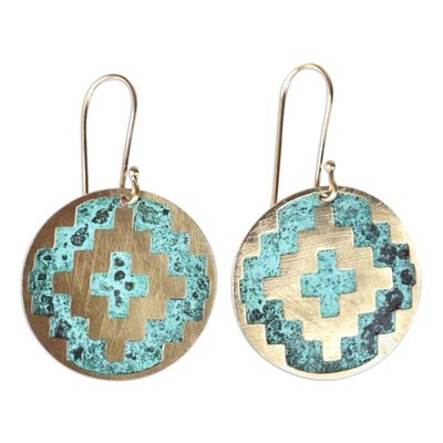 Alternate image for Geometric-Themed Brass Dangle Earrings with Antique Finish Armenian Geometry
