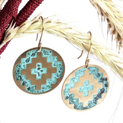Alternate image for Geometric-Themed Brass Dangle Earrings with Antique Finish Armenian Geometry