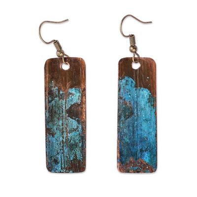 Alternate image for Copper Dangle Earrings with Oxidized Finish and Brass Hooks Bohemian Aqua