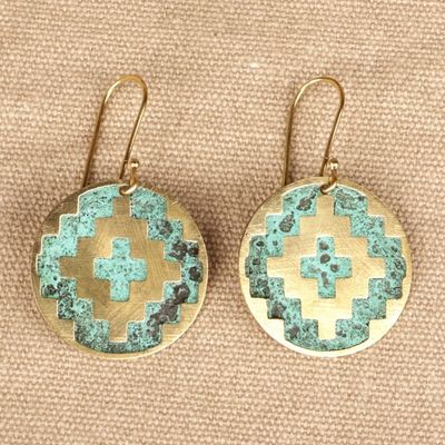 Alternate image for Geometric-Themed Brass Dangle Earrings with Antique Finish Armenian Geometry