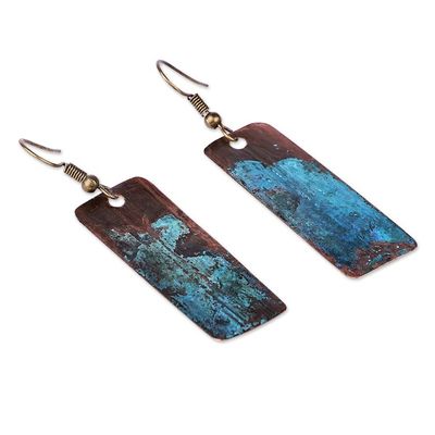 Alternate image for Copper Dangle Earrings with Oxidized Finish and Brass Hooks Bohemian Aqua