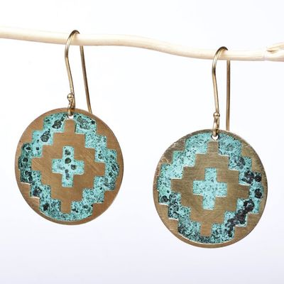 Alternate image for Geometric-Themed Brass Dangle Earrings with Antique Finish Armenian Geometry