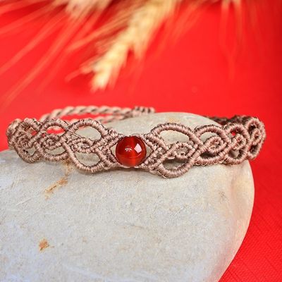 Alternate image for Handmade Beige Cotton Macrame Bracelet with Carnelian Bead Fire Duchess