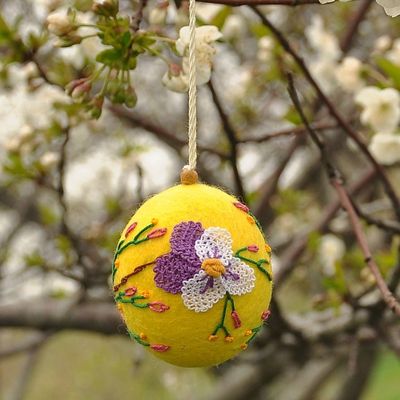 Alternate image for Handcrafted Floral Embroidered Wool Egg Ornament in Yellow Sunshine Fruit