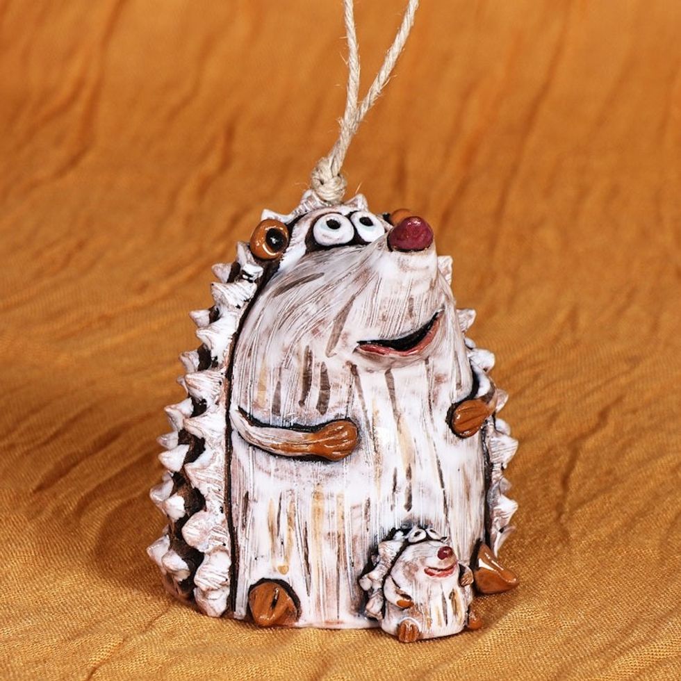 Hand-Painted Mother Hedgehog with Pup Ceramic Bell Ornament 'Momma Hedgehog'