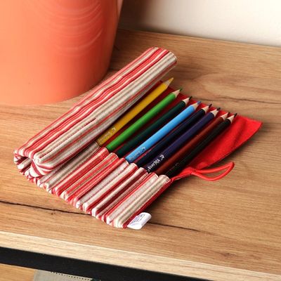 Alternate image for Wooden Colored Pencil Set and Red Cotton Roll Case Creative Crimson