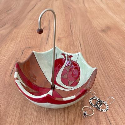 Alternate image for Glazed Red and Green Ceramic Umbrella Jewelry Stand Catchall Inverted Pomegranate Umbrella