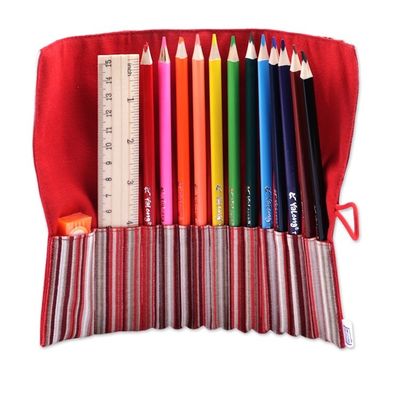 Alternate image for Wooden Colored Pencil Set and Red Cotton Roll Case Creative Crimson