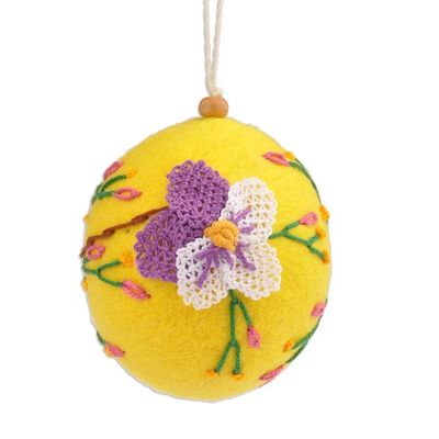 Alternate image for Handcrafted Floral Embroidered Wool Egg Ornament in Yellow Sunshine Fruit