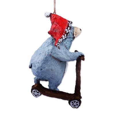 Alternate image for Hand-Painted Papier Mache Ornament of Bear on a Scooter Teddys Spectacle