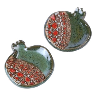 Alternate image for Pair of Glazed Green and Red Ceramic Pomegranate Catchalls Omens from the Forest