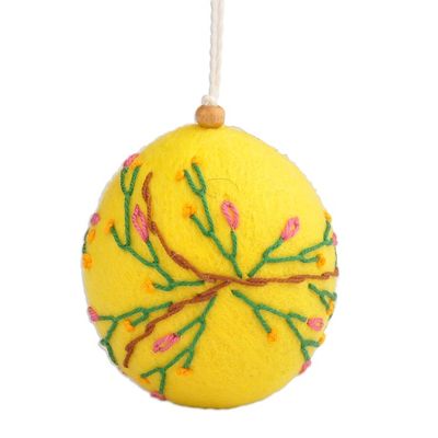 Alternate image for Handcrafted Floral Embroidered Wool Egg Ornament in Yellow Sunshine Fruit