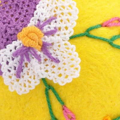 Alternate image for Handcrafted Floral Embroidered Wool Egg Ornament in Yellow Sunshine Fruit