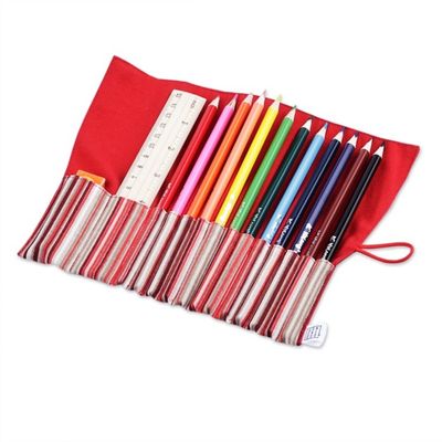 Alternate image for Wooden Colored Pencil Set and Red Cotton Roll Case Creative Crimson