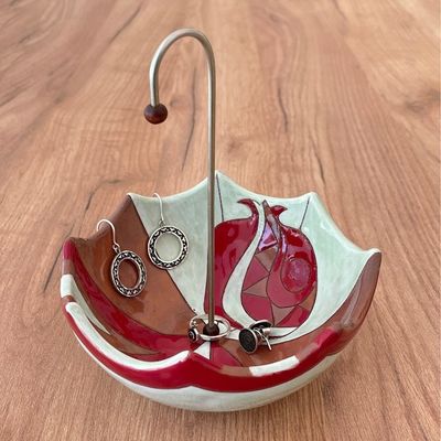 Alternate image for Glazed Red and Green Ceramic Umbrella Jewelry Stand Catchall Inverted Pomegranate Umbrella