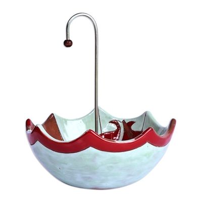 Alternate image for Glazed Red and Green Ceramic Umbrella Jewelry Stand Catchall Inverted Pomegranate Umbrella