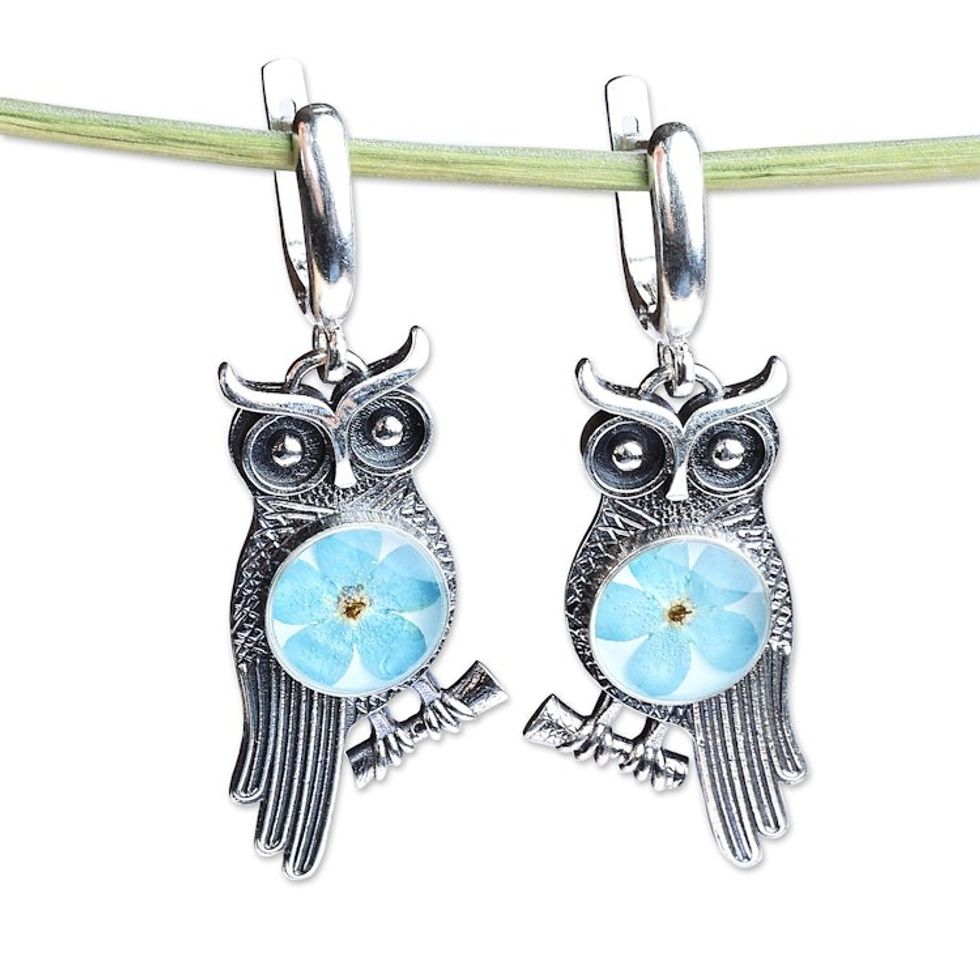 Owl-Themed Natural Flower Sterling Silver Dangle Earrings 'Sage's Memories'