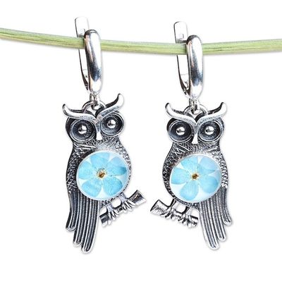 Alternate image for Owl-Themed Natural Flower Sterling Silver Dangle Earrings Sages Memories