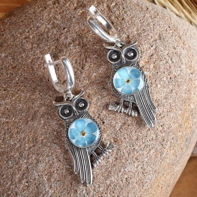 Alternate image for Owl-Themed Natural Flower Sterling Silver Dangle Earrings Sages Memories