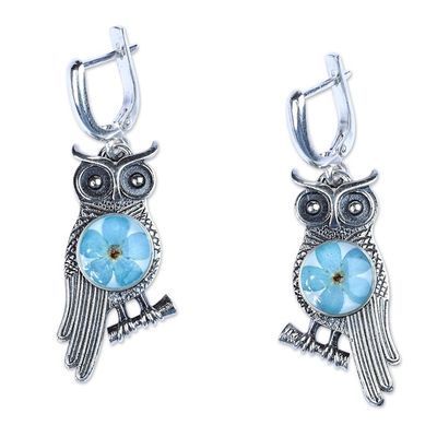 Alternate image for Owl-Themed Natural Flower Sterling Silver Dangle Earrings Sages Memories
