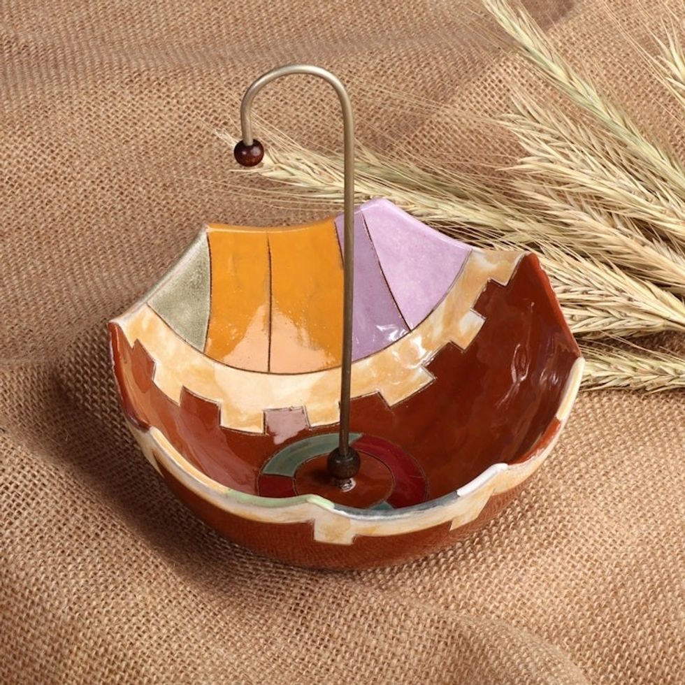 Hand-Painted Glazed Ceramic Umbrella Jewelry Stand Catchall 'Upside Down Umbrella'