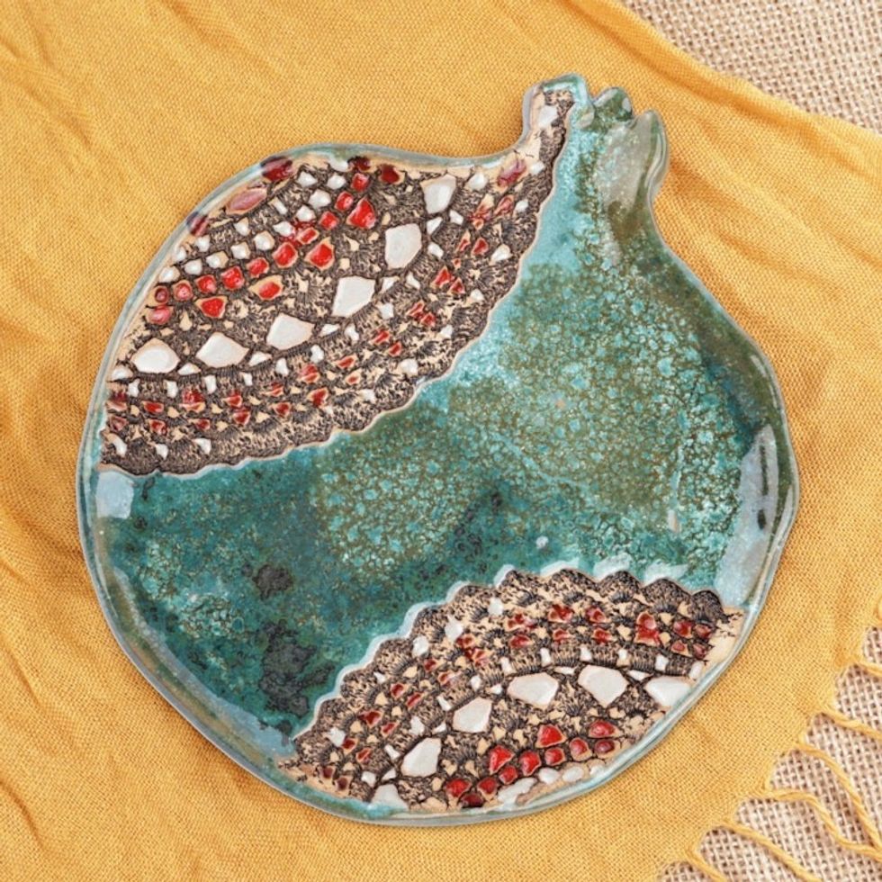 Pomegranate-Shaped Green and Red Ceramic Dessert Plate 'Nature's Prophecy'