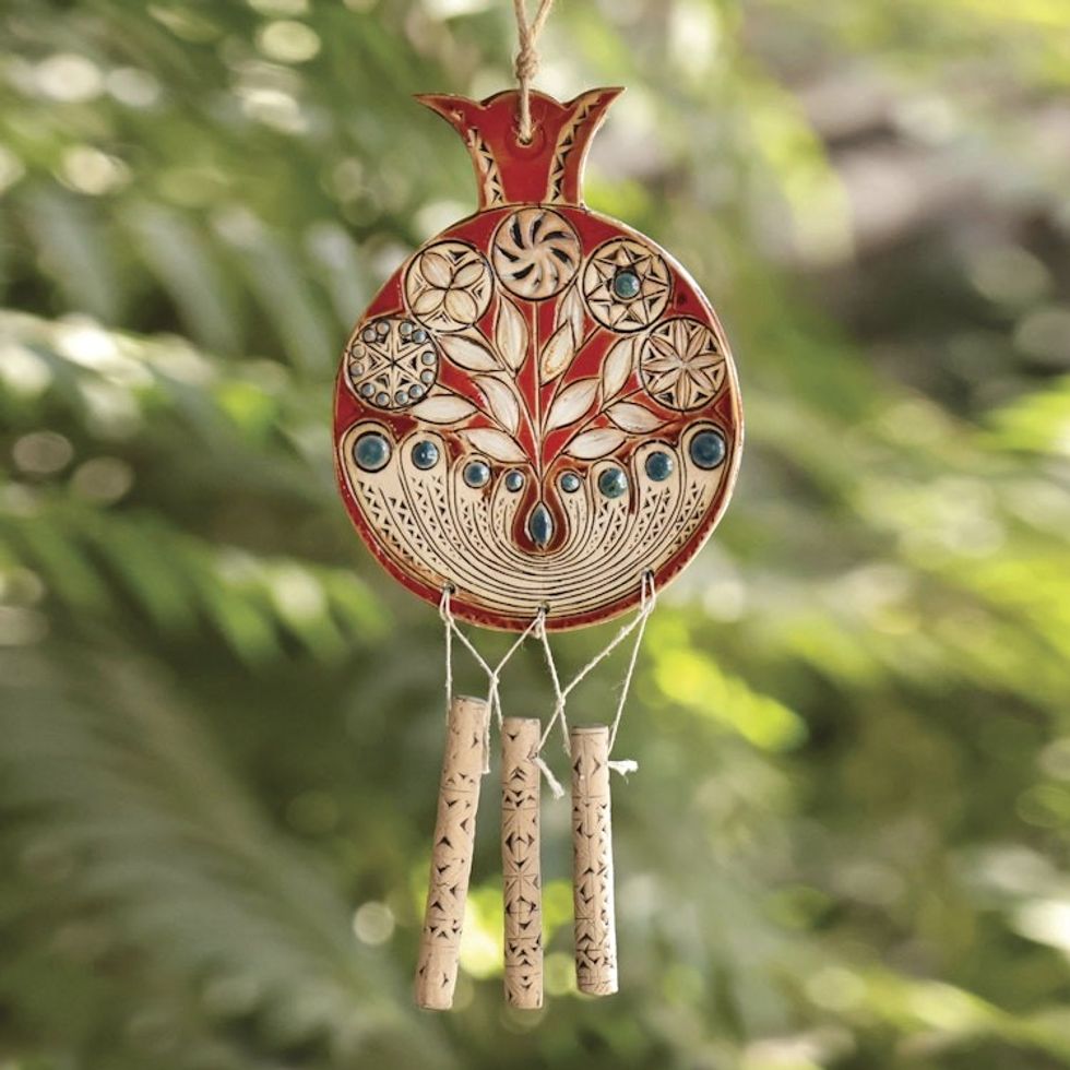 Pomegranate-Themed Red and Blue Ceramic Windchime 'Eternal Rhythms'