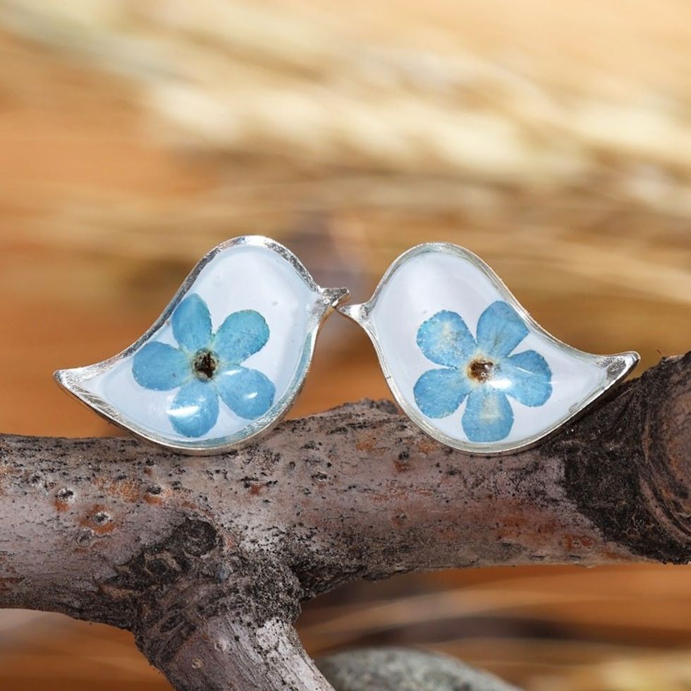 Bird-Shaped Natural Blue Flower Resin Button Earrings 'Symphony of Memories'