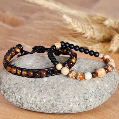 Alternate image for 2 Mens Multi-Gemstone Beaded Stretch Leather Cord Bracelets Alluring Flair