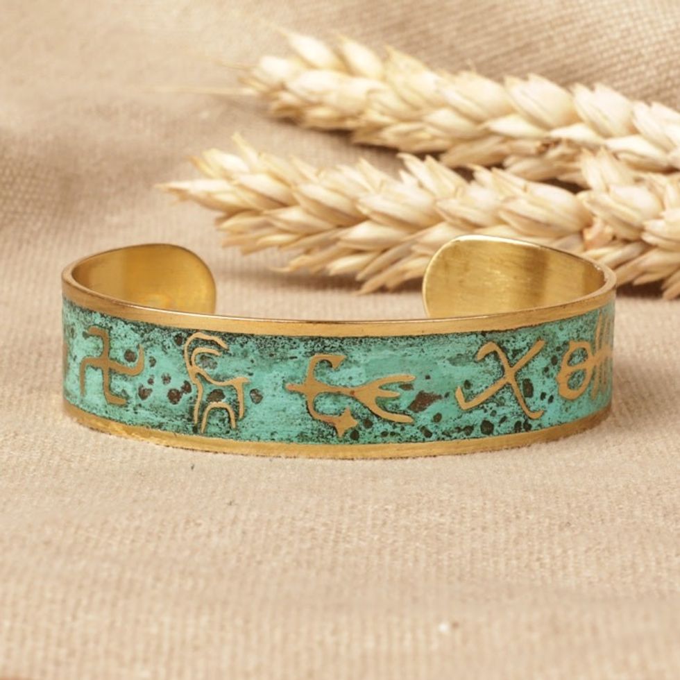 Brass Cuff Bracelet with Traditional Armenian Hieroglyphs 'Armenian Hieroglyph'