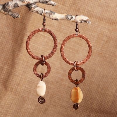 Alternate image for Antique Linked Hoop Copper Dangle Earrings with Onyx Stones Dancing Hoops