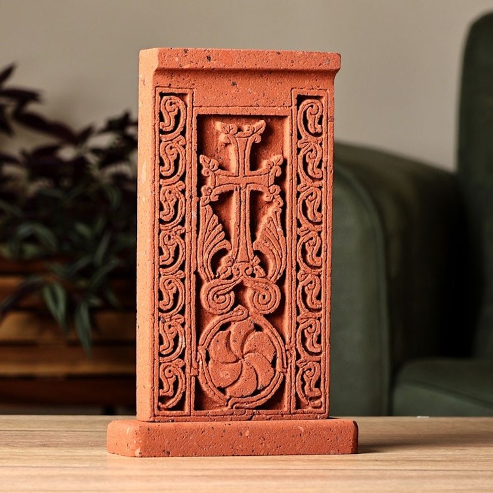 Hand-Carved Traditional Floral Tuff Stone Stela Sculpture 'Red Faith Flower'