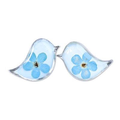 Alternate image for Bird-Shaped Natural Blue Flower Resin Button Earrings Symphony of Memories