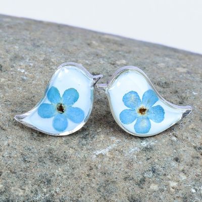Alternate image for Bird-Shaped Natural Blue Flower Resin Button Earrings Symphony of Memories