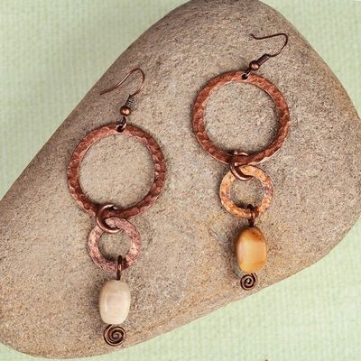 Alternate image for Antique Linked Hoop Copper Dangle Earrings with Onyx Stones Dancing Hoops