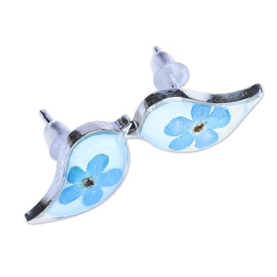 Alternate image for Bird-Shaped Natural Blue Flower Resin Button Earrings Symphony of Memories