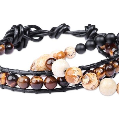 Alternate image for 2 Mens Multi-Gemstone Beaded Stretch Leather Cord Bracelets Alluring Flair