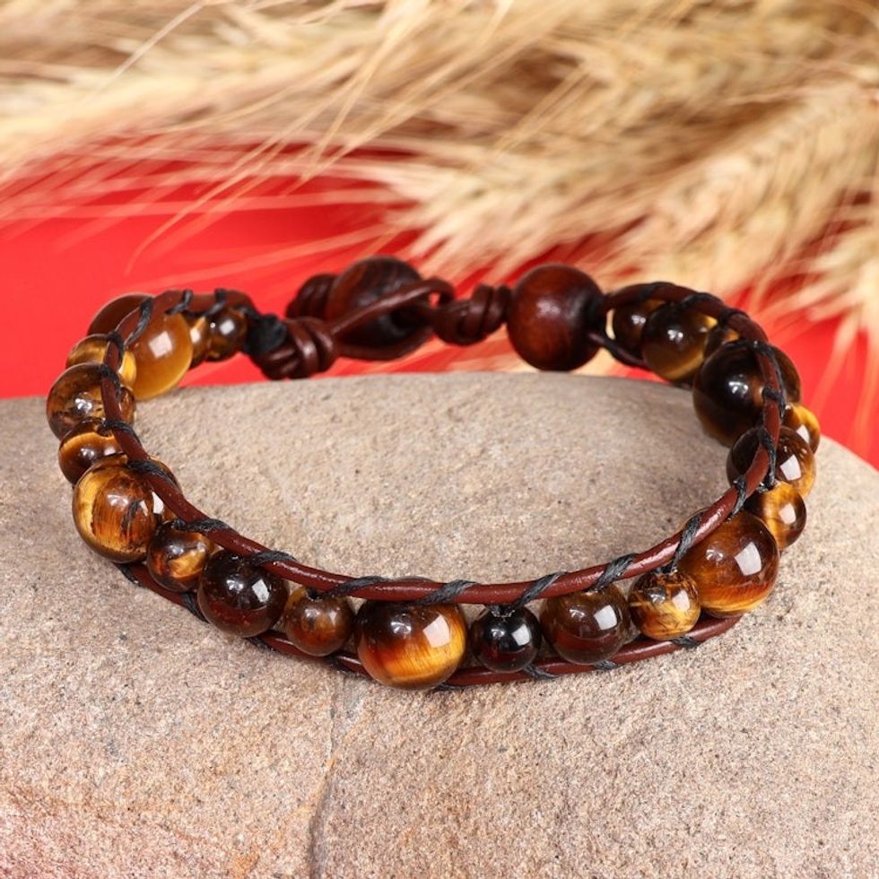 Men's Leather and Natural Tiger's Eye Beaded Bracelet 'Courage Lord'