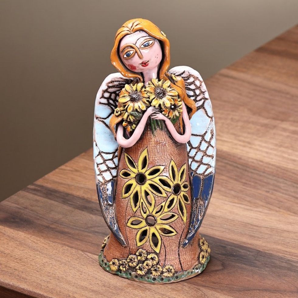 Handcrafted Whimsical Floral Angel Ceramic Sculpture 'Angelic Spring'