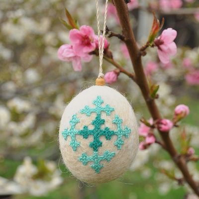 Alternate image for Handcrafted Embroidered Wool Egg Ornament in Ivory and Green Yerevans Fruit