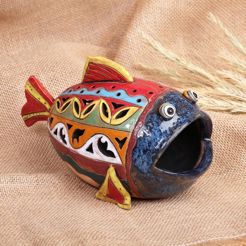 Handcrafted Multicolor Fish-Shaped Ceramic Tealight Holder 'Light Fish'