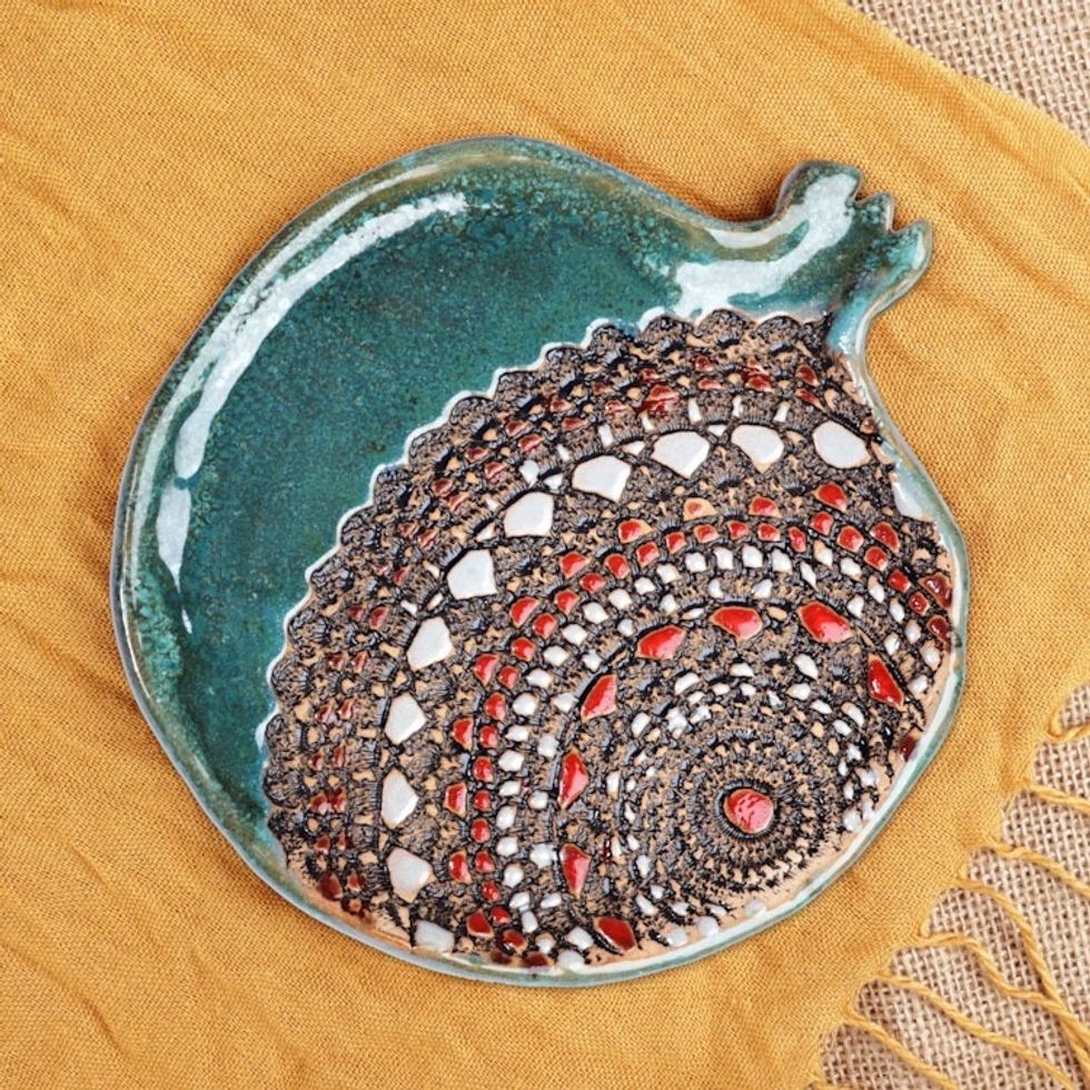 Glazed Green and Red Ceramic Pomegranate Dessert Plate 'Delightful Omen'